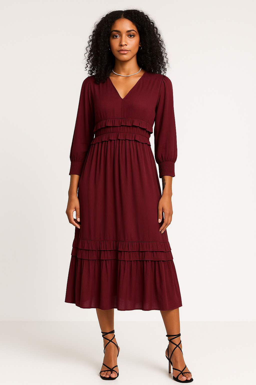 Women’s Midi Dress – V-Neck Relaxed Fit – Tiered Ruffle – Long Sleeve – Breathable Blend