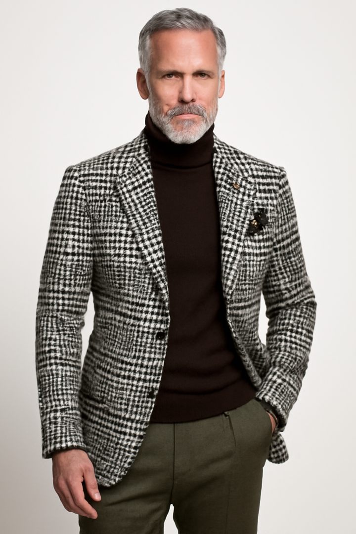 Men’s Blazer - Slim Fit Wool Blend - Houndstooth Pattern - Single Breasted Formal Wear
