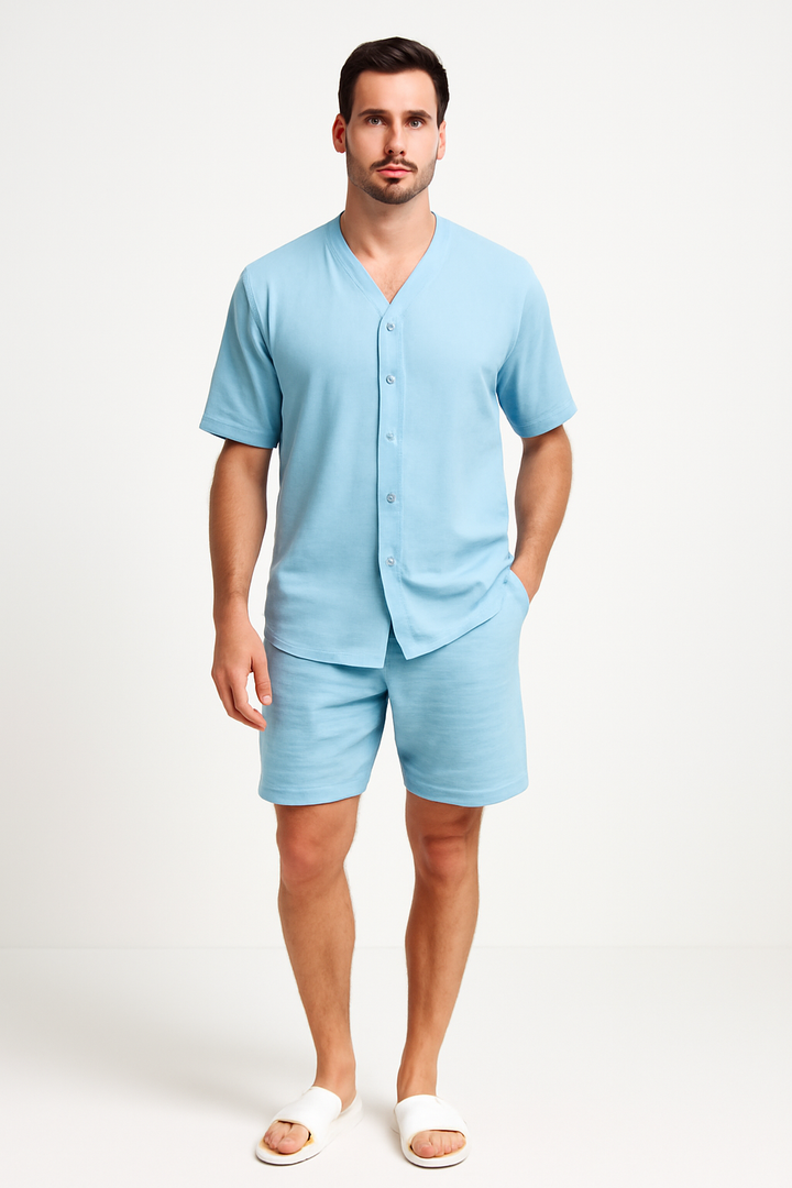 Men’s Lounge Set – Short Sleeve Button Shirt – Relaxed Fit Shorts – Breathable Cotton