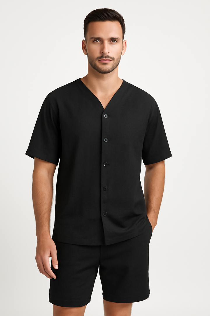 Men’s Lounge Set – Short Sleeve Button Shirt – Relaxed Fit Shorts – Breathable Cotton