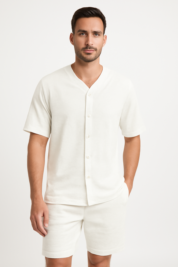 Men’s Lounge Set – Short Sleeve Button Shirt – Relaxed Fit Shorts – Breathable Cotton