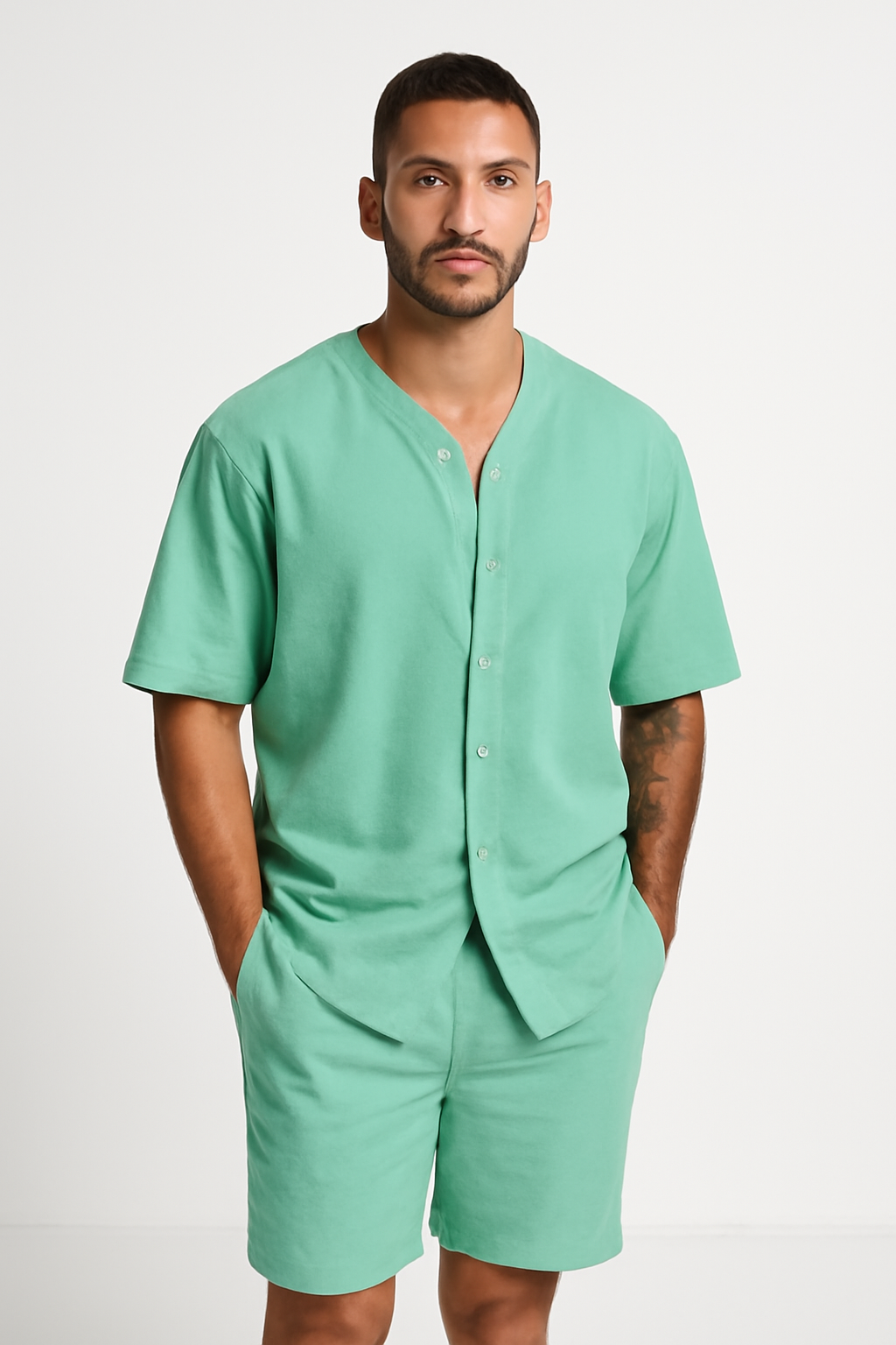 Men’s Lounge Set – Short Sleeve Button Shirt – Relaxed Fit Shorts – Breathable Cotton