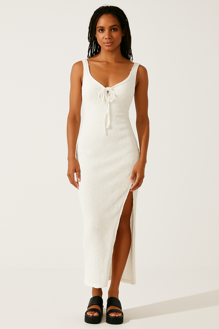 Women’s Maxi Dress - Slim Fit - Sleeveless Scoop Neck - Side Slit - Textured Stretch Fabric