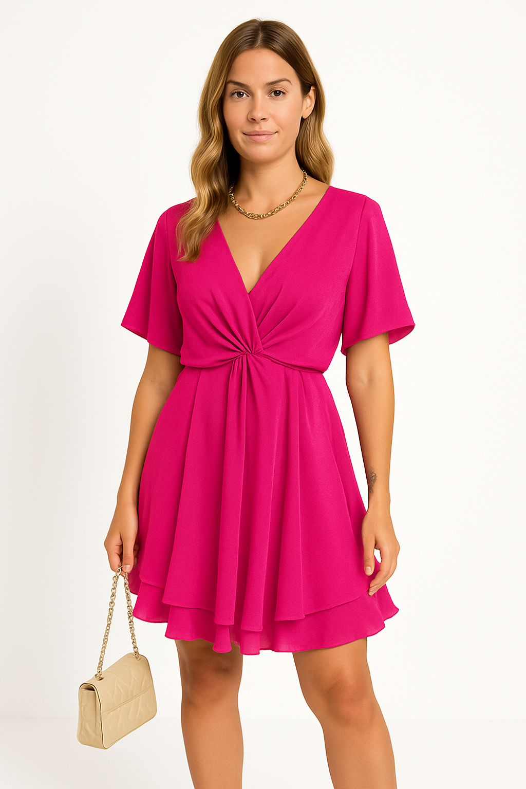 Women’s V-Neck Dress – Twisted Front Knot – Flutter Sleeve – Layered Elegant Skirt