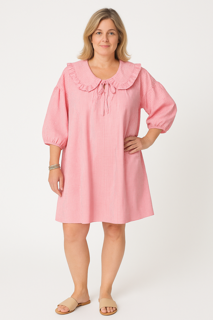 Women’s A-Line Dress - Checkered Cotton - Frilled Collar - Puff Sleeve Casual Fit