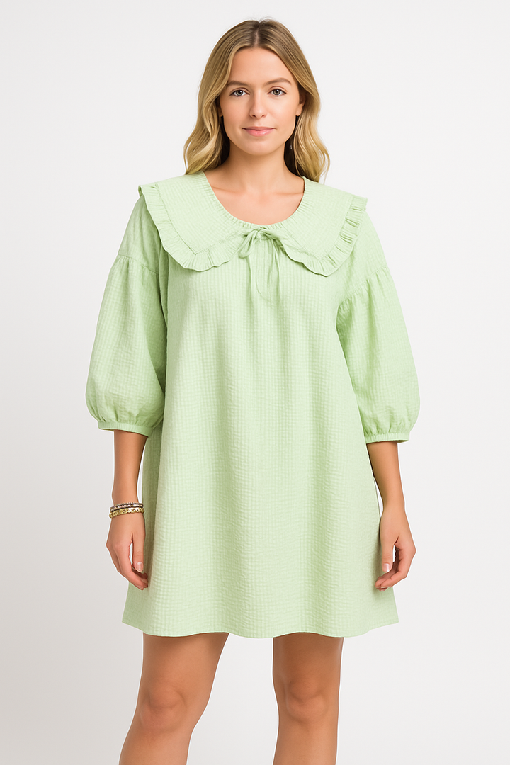 Women’s A-Line Dress - Checkered Cotton - Frilled Collar - Puff Sleeve Casual Fit