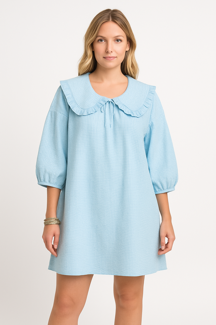 Women’s A-Line Dress - Checkered Cotton - Frilled Collar - Puff Sleeve Casual Fit