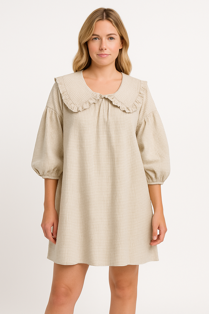 Women’s A-Line Dress - Checkered Cotton - Frilled Collar - Puff Sleeve Casual Fit