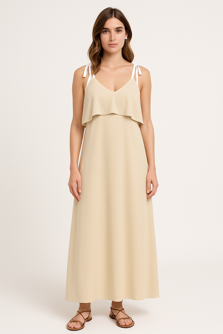 Women’s Maxi Dress – Sleeveless Tie-Strap – V-Neck Layered Bodice – Flowy Fit Casual Wear