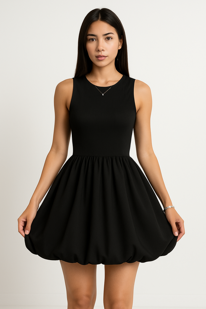Women’s Sleeveless Dress – Fitted Bodice – Bubble Skirt – Round Neck Elegant Silhouette