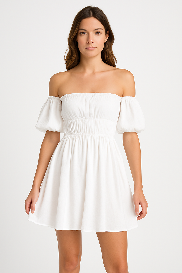 Women’s Off-Shoulder Dress – Puff Sleeve – Elastic Waist – Flared A-Line Mini Fit