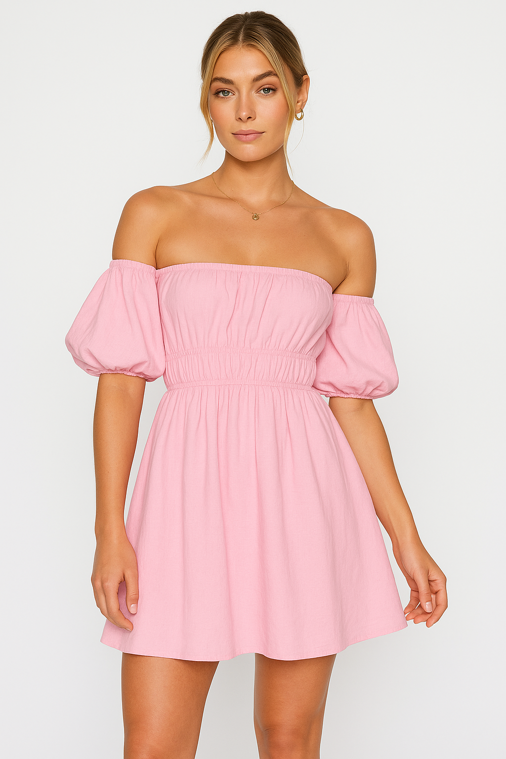 Women’s Off-Shoulder Dress – Puff Sleeve – Elastic Waist – Flared A-Line Mini Fit