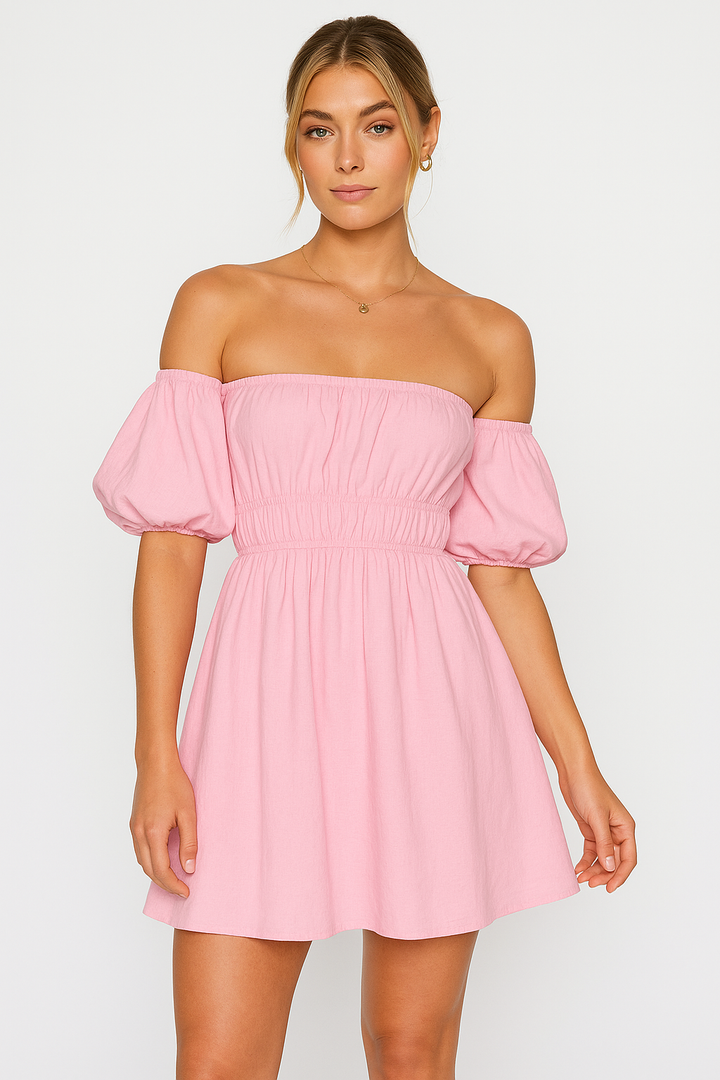 Women’s Off-Shoulder Dress – Puff Sleeve – Elastic Waist – Flared A-Line Mini Fit