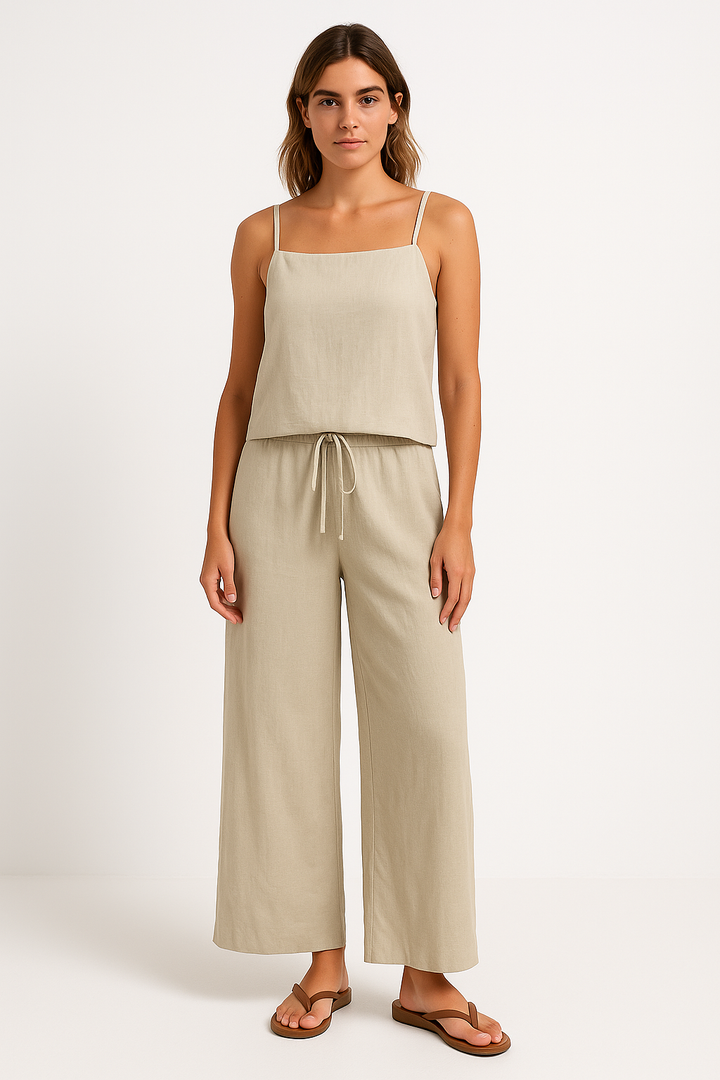 Women’s Jumpsuit - Lightweight Cotton Linen - Relaxed Fit - Spaghetti Straps - Drawstring Waist