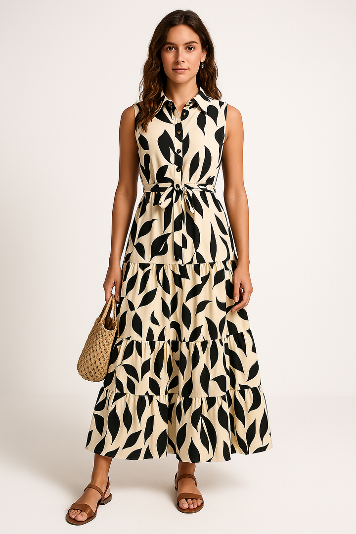 Women’s Maxi Dress – Sleeveless Collared – Button Front – Tiered Skirt – Tie Waist