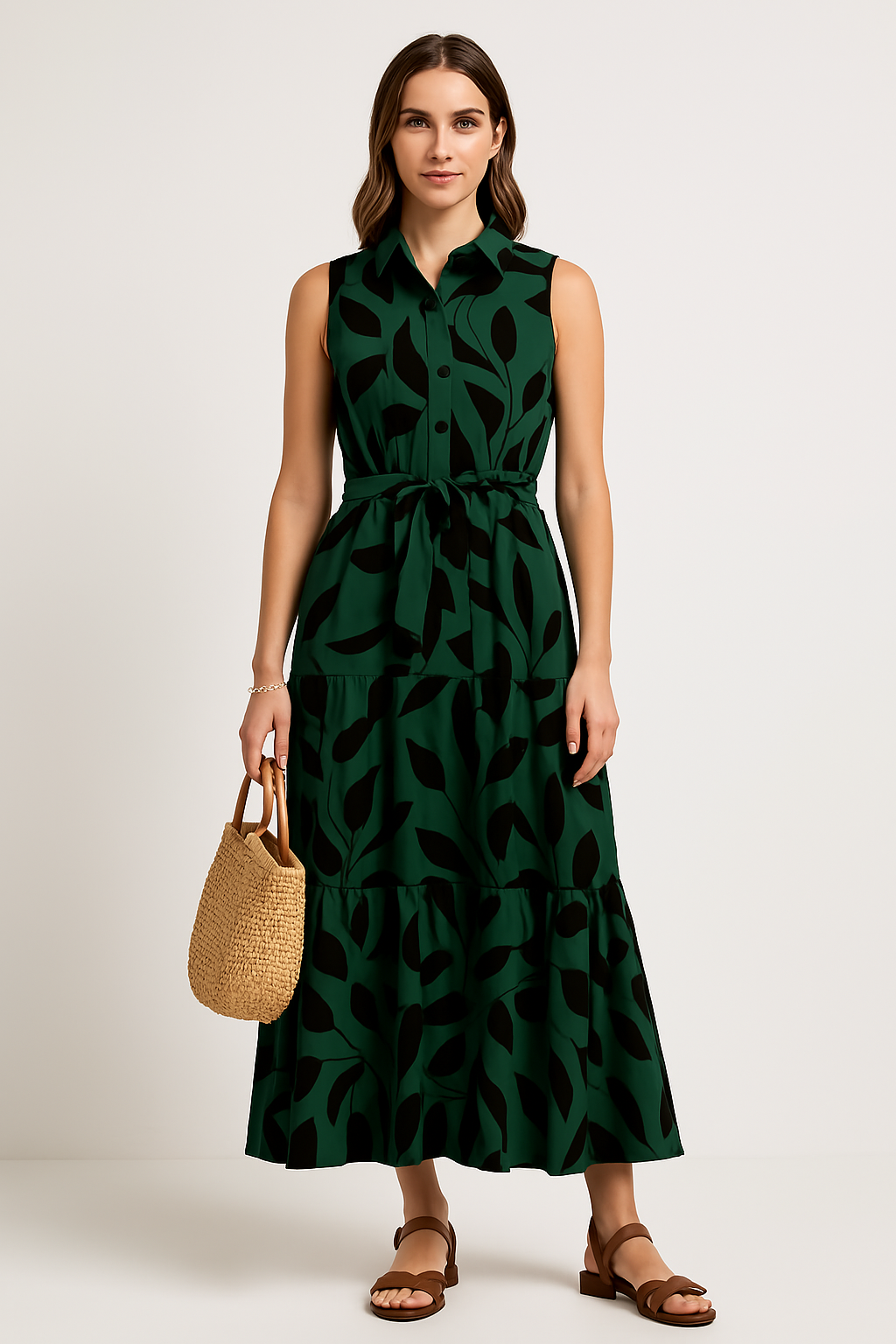 Women’s Maxi Dress – Sleeveless Collared – Button Front – Tiered Skirt – Tie Waist