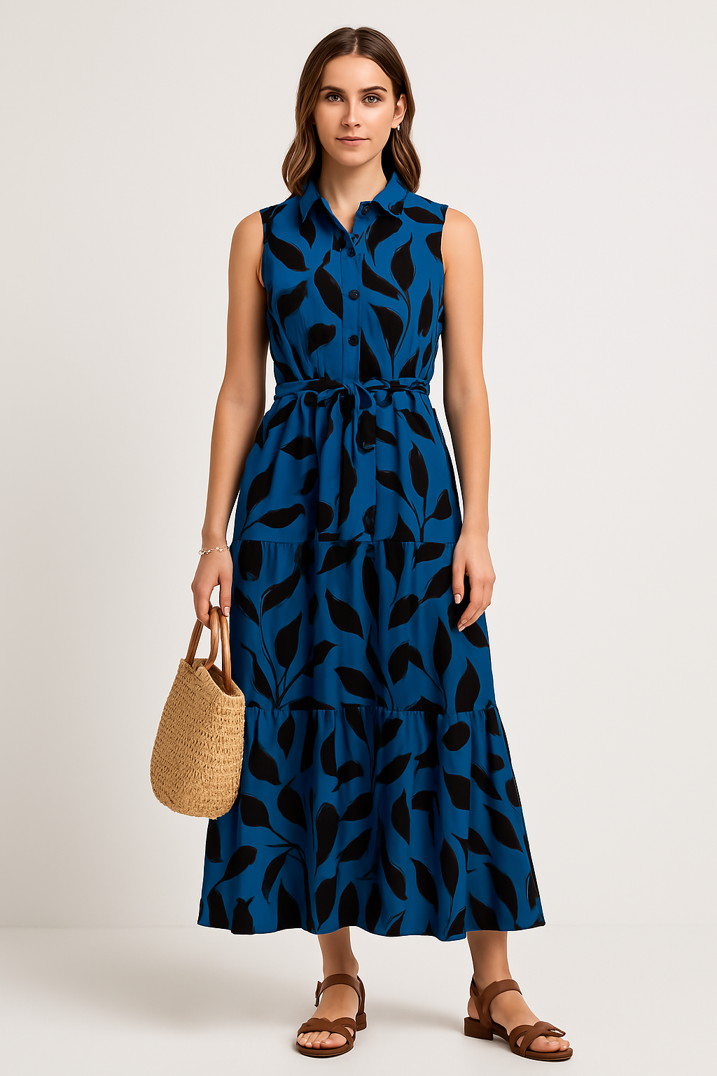 Women’s Maxi Dress – Sleeveless Collared – Button Front – Tiered Skirt – Tie Waist