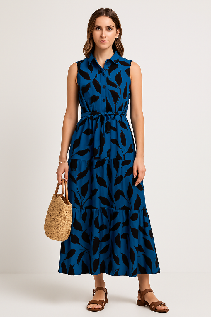 Women’s Maxi Dress – Sleeveless Collared – Button Front – Tiered Skirt – Tie Waist