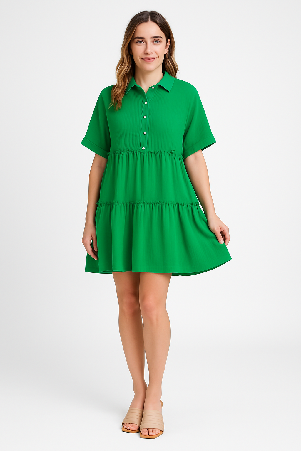 Women’s Mini Dress – Cotton Linen – Shirt Collar – Tiered Skirt – Loose Fit Casual Style