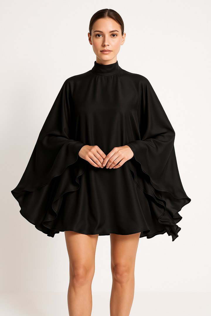 Women’s Cape Dress – High Neck – Flowing Silhouette – Draped Sleeves – Short Hemline
