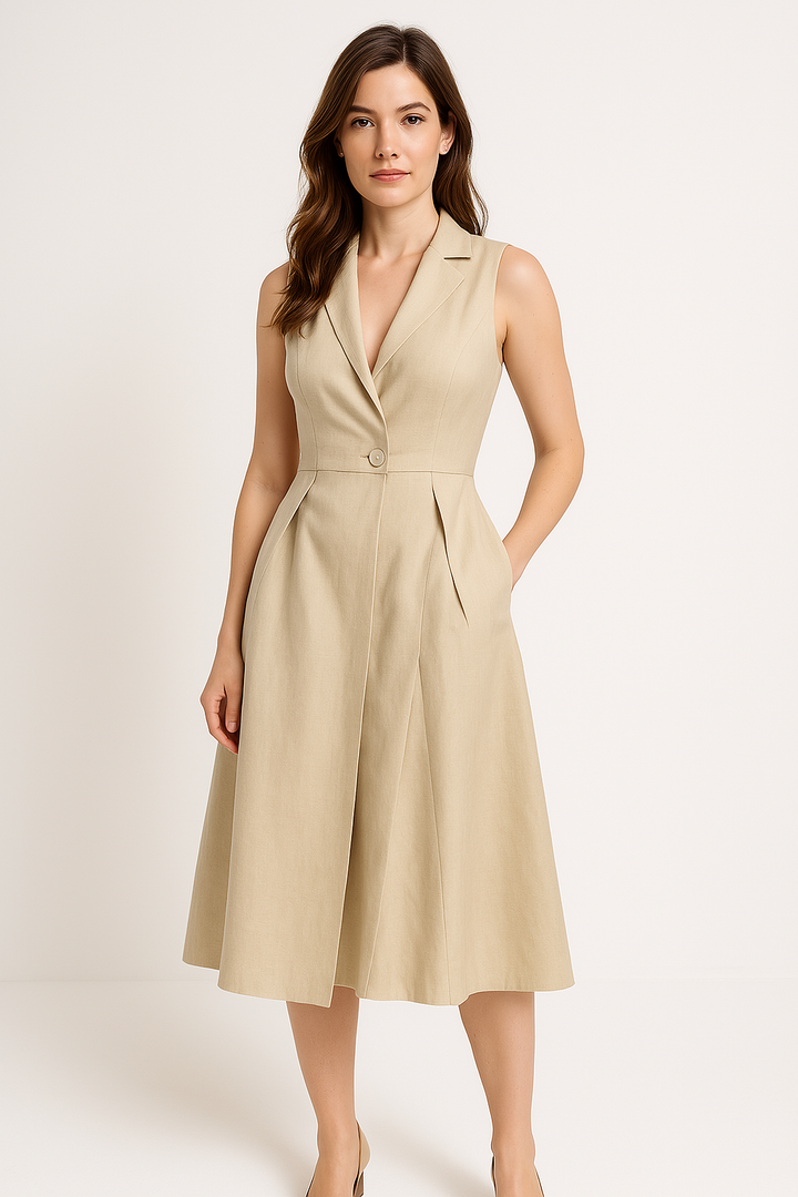 Women’s A-Line Dress – Tailored Fit – V-Neck – Notched Lapel – Sleeveless – Knee Length