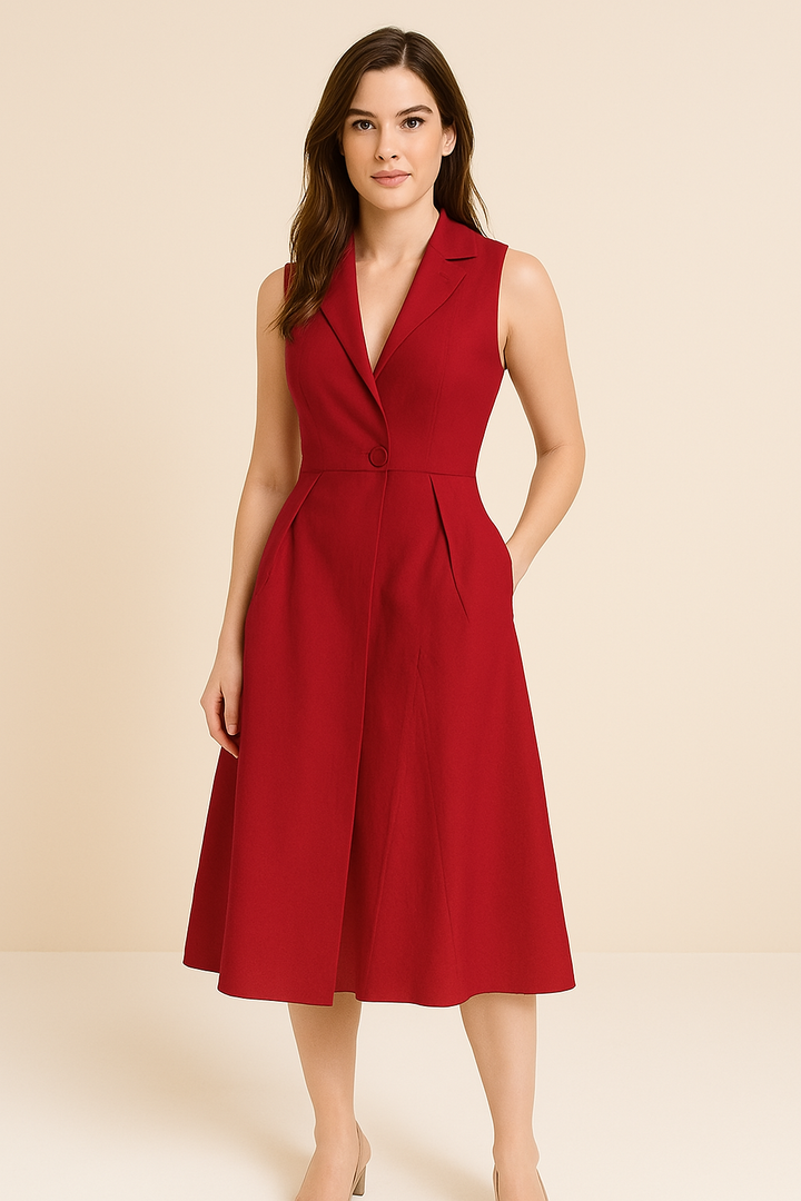 Women’s A-Line Dress – Tailored Fit – V-Neck – Notched Lapel – Sleeveless – Knee Length