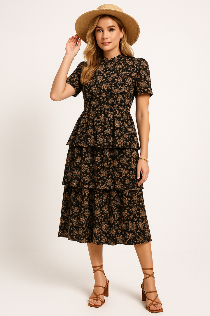 Women’s Midi Dress – Tiered A-Line – Short Sleeve – High Neck – Flowy Fit
