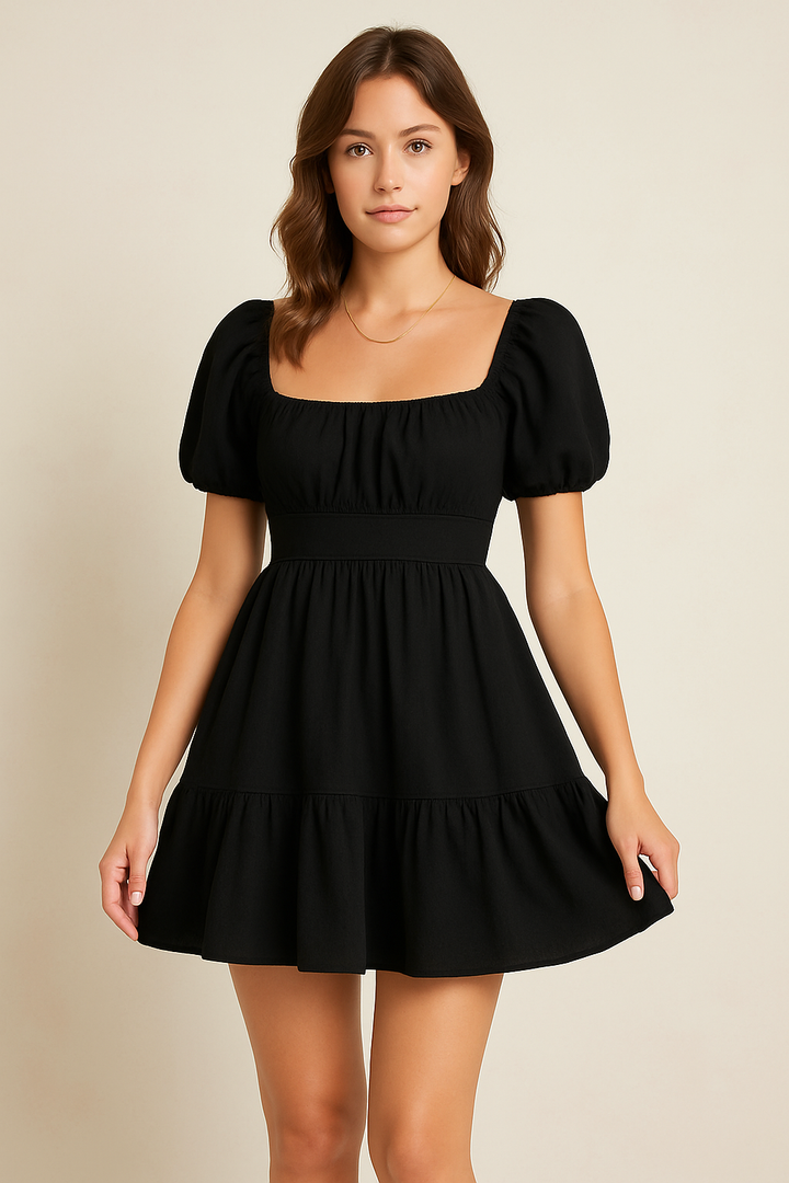 Women’s Mini Dress – Square Neck – Puff Sleeve – Fitted Waist – Tiered Flared Skirt