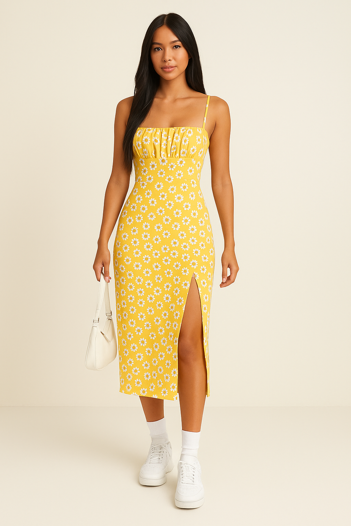 Women’s Midi Dress – Fitted Silhouette – Spaghetti Straps – Front Slit – Floral Pattern