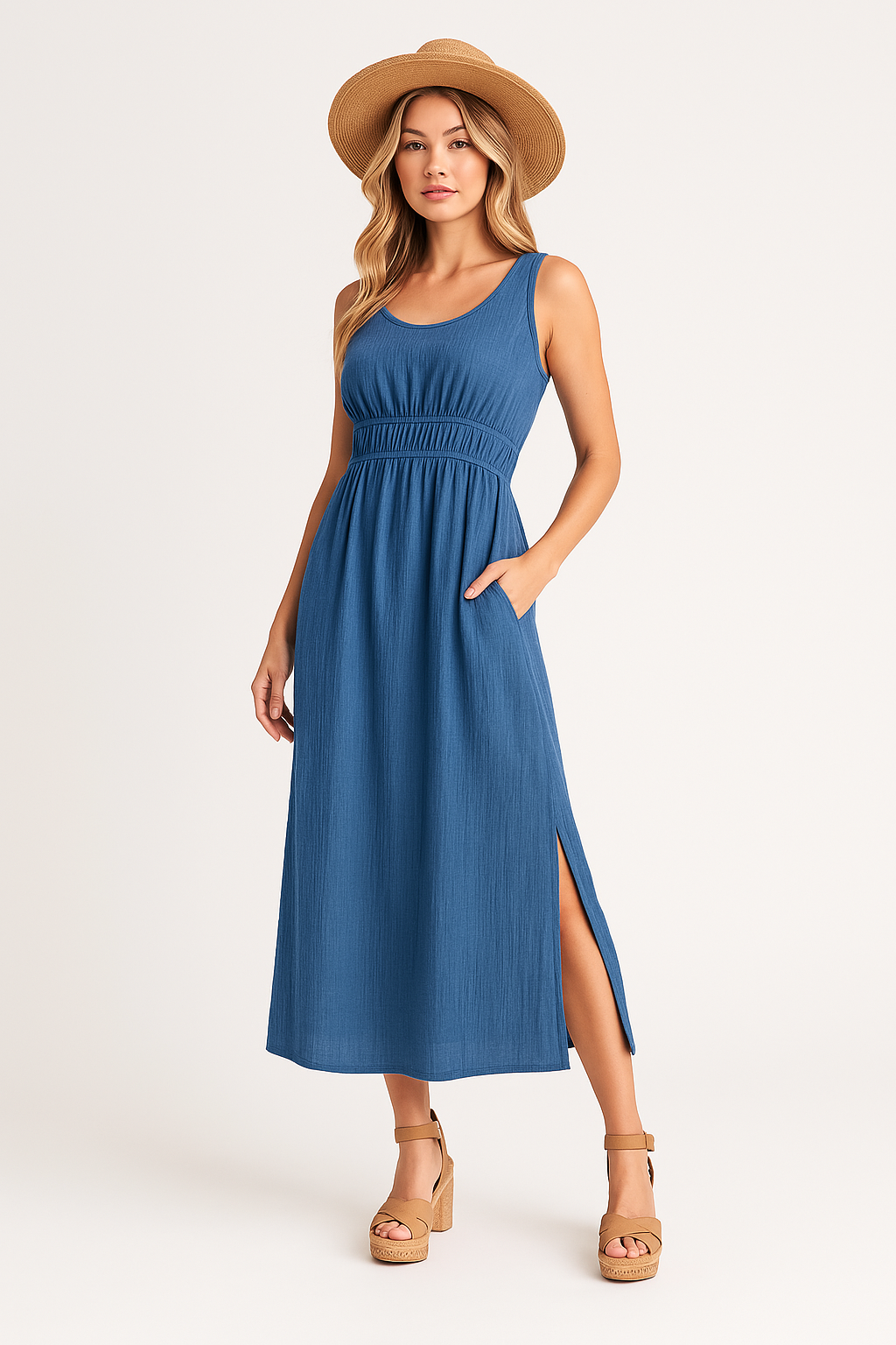 Women’s Maxi Dress – Sleeveless Scoop Neck – Empire Waist – Side Slit – With Pockets