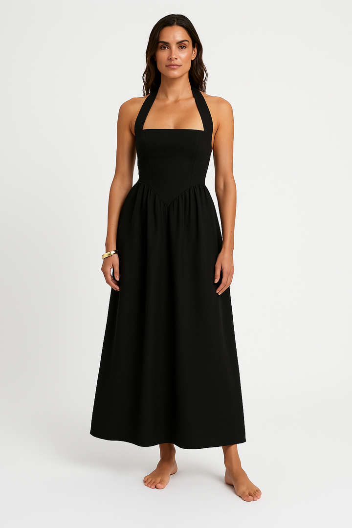 Women’s Halter Neck Dress – Fitted Bodice – Flared Maxi – Lightweight Flowing Fit