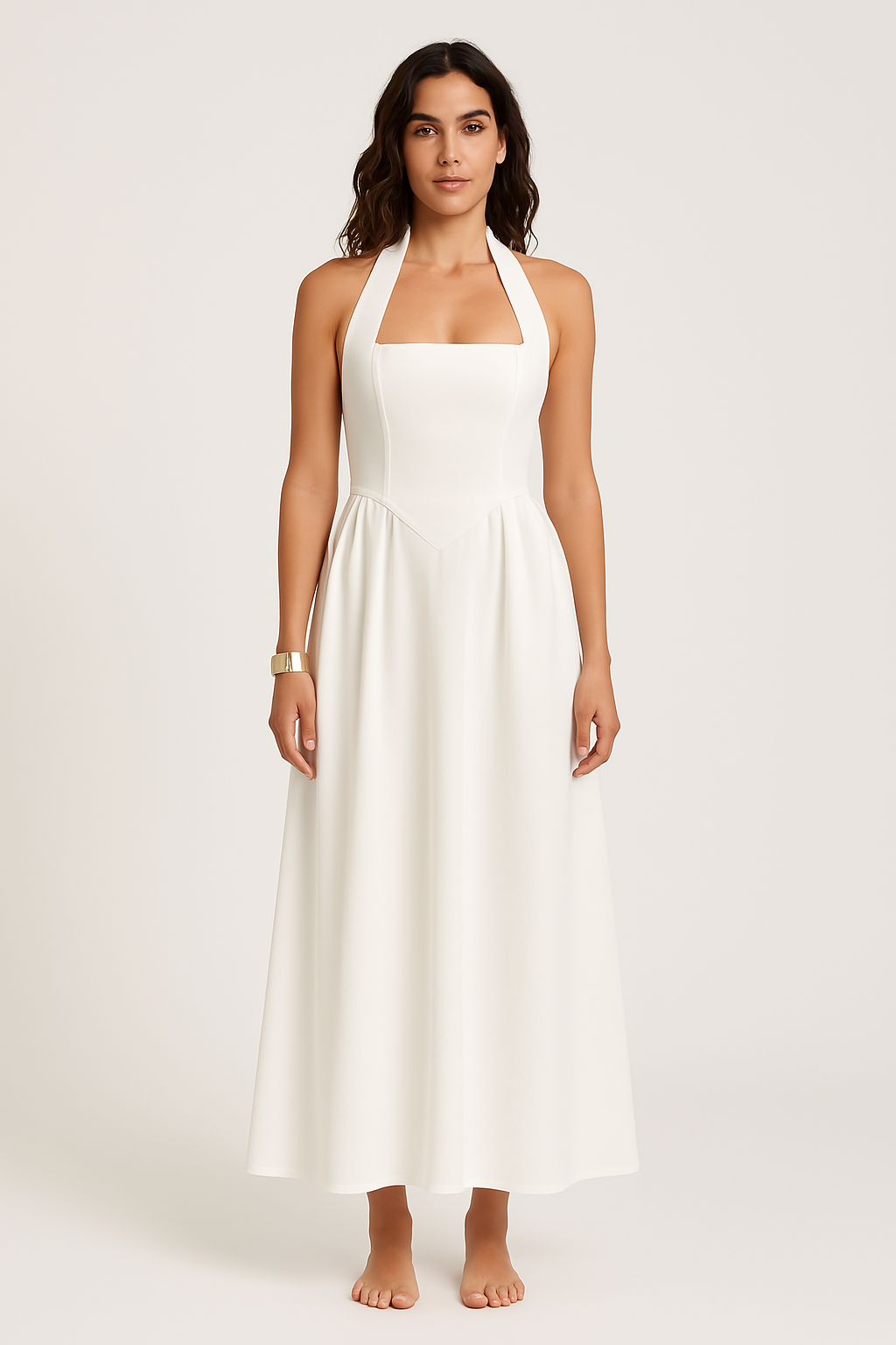 Women’s Halter Neck Dress – Fitted Bodice – Flared Maxi – Lightweight Flowing Fit