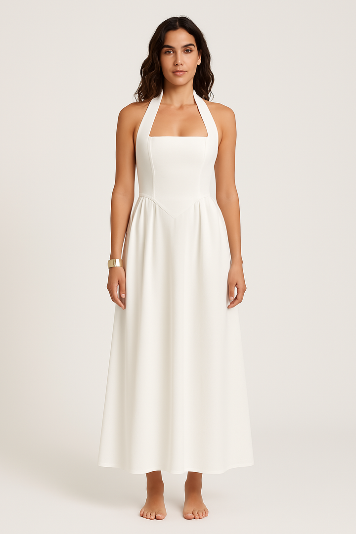 Women’s Halter Neck Dress – Fitted Bodice – Flared Maxi – Lightweight Flowing Fit