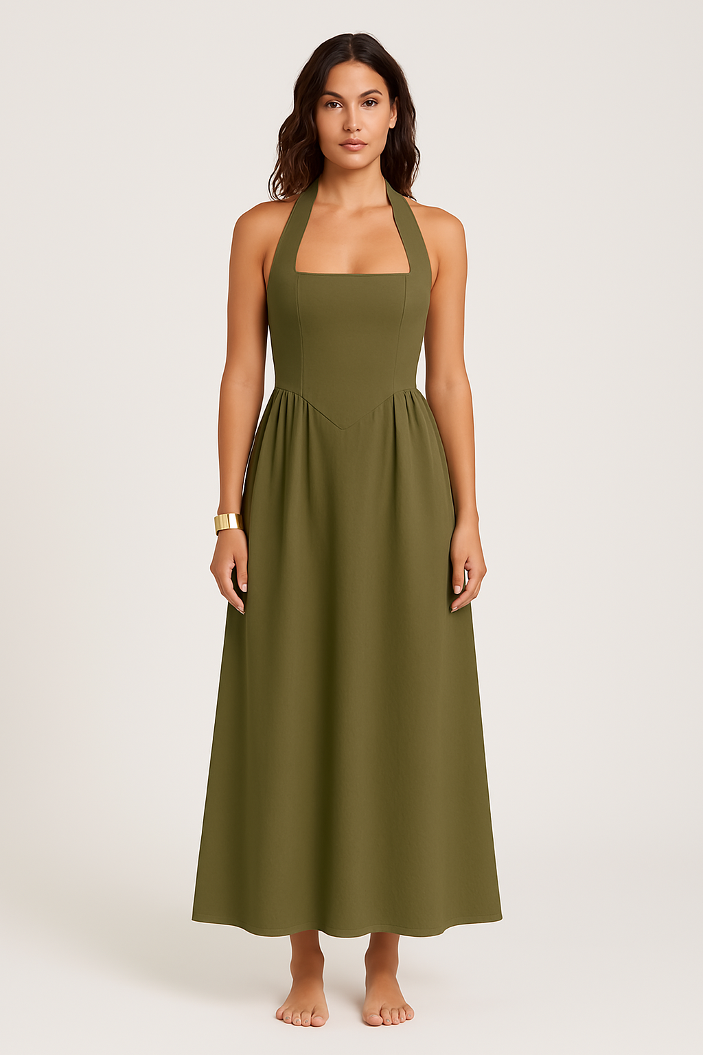 Women’s Halter Neck Dress – Fitted Bodice – Flared Maxi – Lightweight Flowing Fit