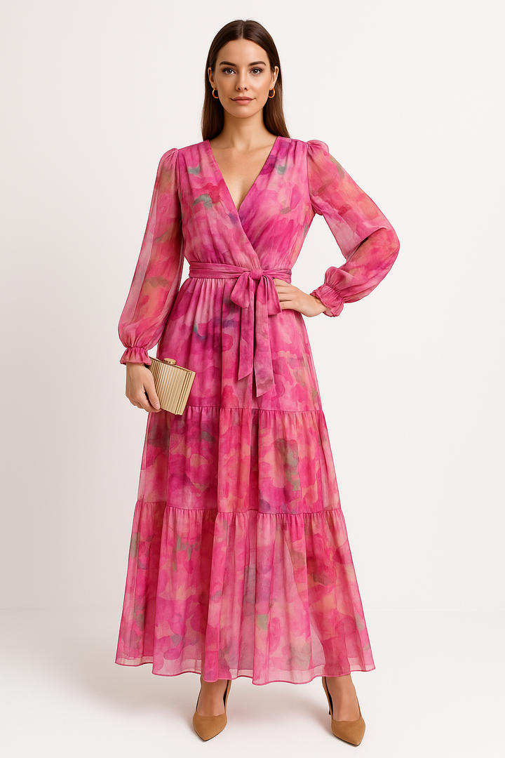 Women’s Long Dress – V-Neck Wrap – Belted Waist – Tiered Maxi Skirt – Flowy Fit