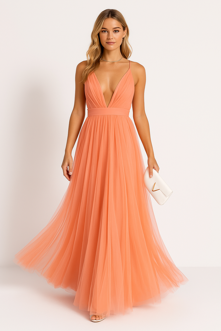 Women’s Evening Gown – Sleeveless A-Line Fit – Plunging V-Neck – Flowy Lightweight Fabric