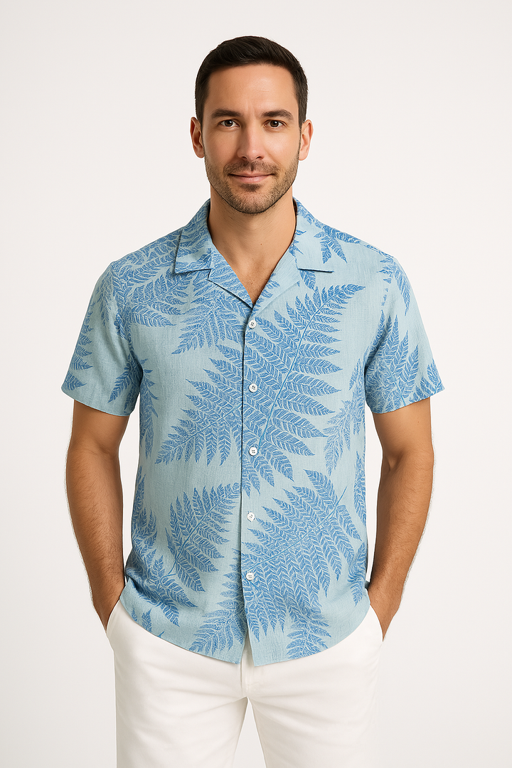 Men’s Short Sleeve Shirt - Relaxed Fit - Leaf Print - Cuban Collar - Lightweight Casual Wear