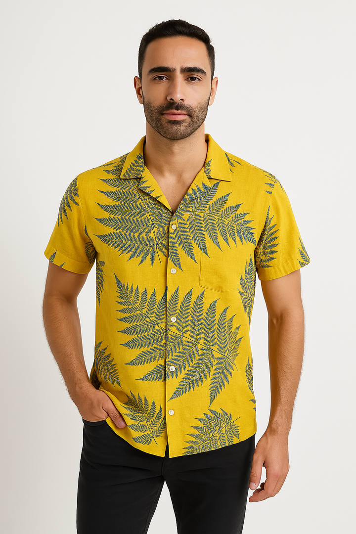 Men’s Short Sleeve Shirt - Relaxed Fit - Leaf Print - Cuban Collar - Lightweight Casual Wear