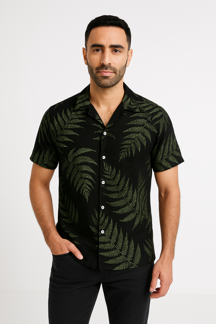 Men’s Short Sleeve Shirt - Relaxed Fit - Leaf Print - Cuban Collar - Lightweight Casual Wear