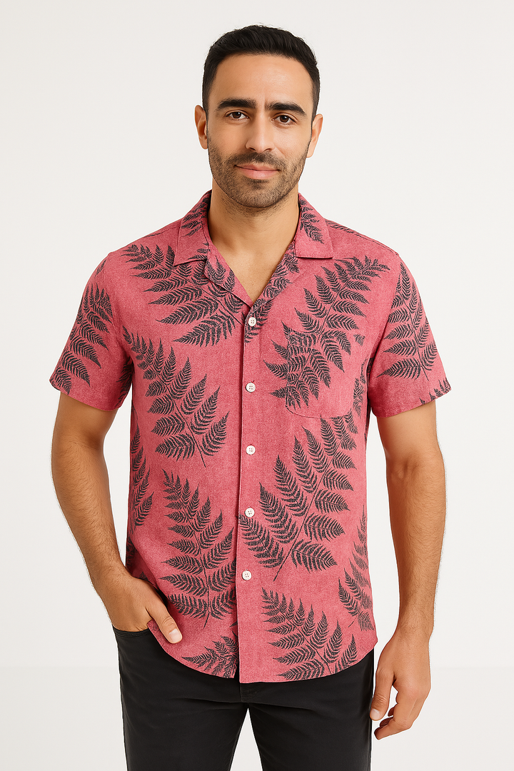 Men’s Short Sleeve Shirt - Relaxed Fit - Leaf Print - Cuban Collar - Lightweight Casual Wear