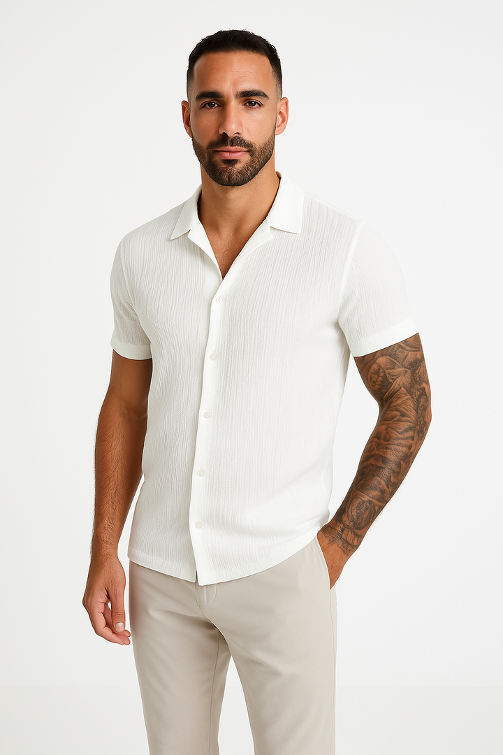Men’s Short Sleeve Shirt - Slim Fit - Cotton Blend - Spread Collar - Button Up Casual