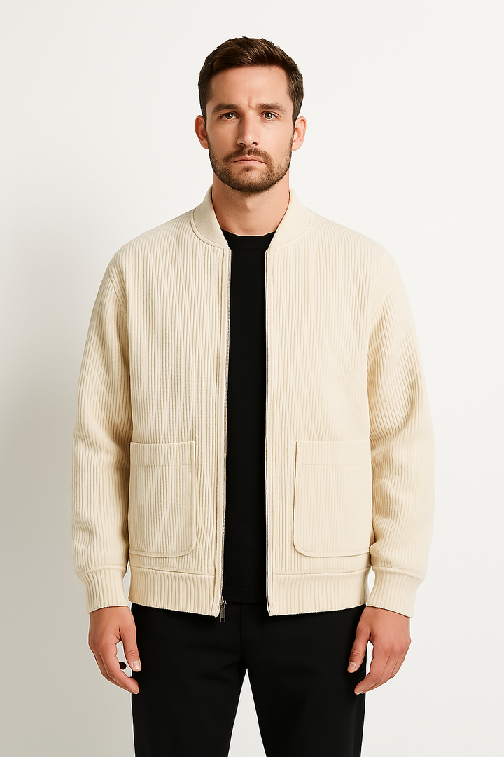 Men’s Corduroy Jacket - Relaxed Fit - V-Neck Zip Front - Ribbed Texture Casual Outerwear