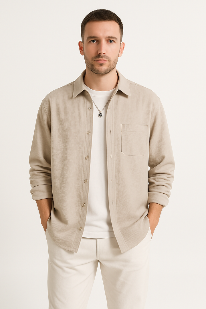 Men’s Button-Up Shirt - Waffle Knit - Oversized Fit - Long Sleeve Casual Layer