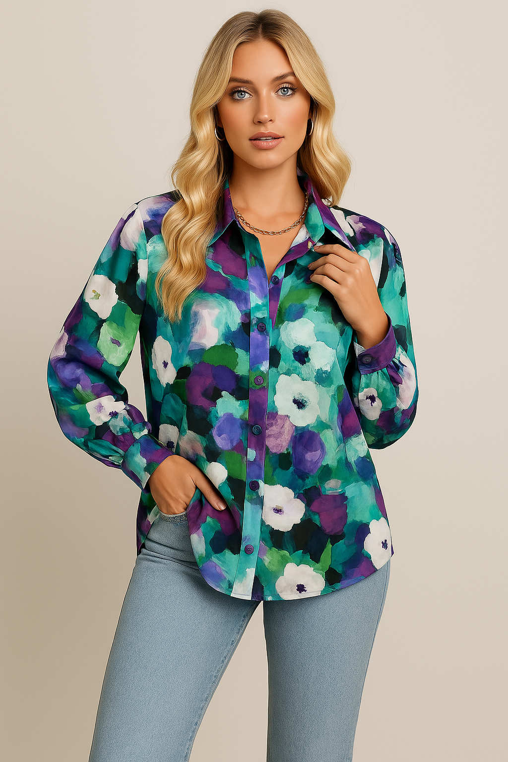 Women’s Button-Up Shirt - Relaxed Fit - Lightweight Cotton - Floral Print Casual Wear