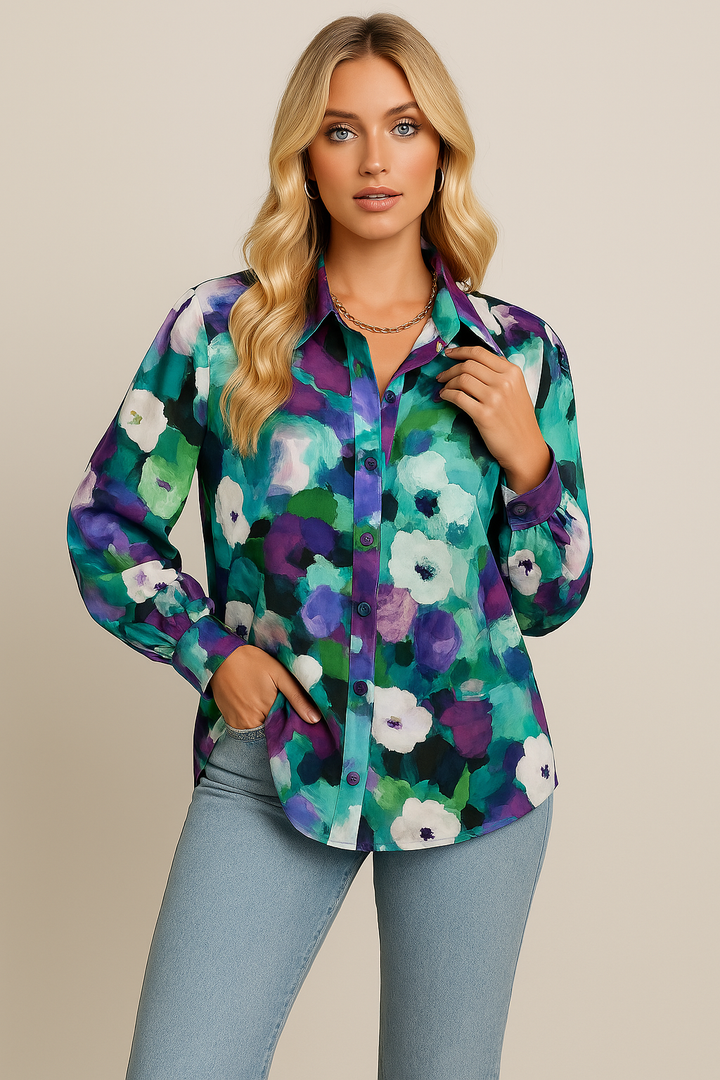 Women’s Button-Up Shirt - Relaxed Fit - Lightweight Cotton - Floral Print Casual Wear