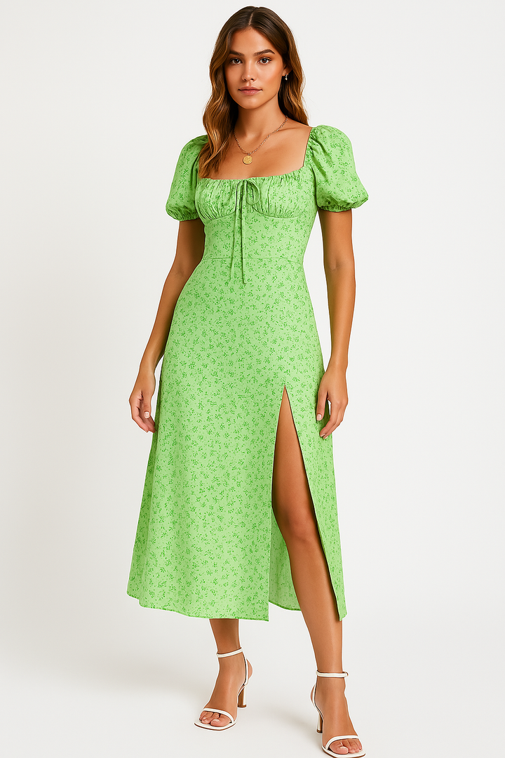 Women’s Midi Dress – Square Neckline – Puff Sleeve – A-Line Fit – Front Slit