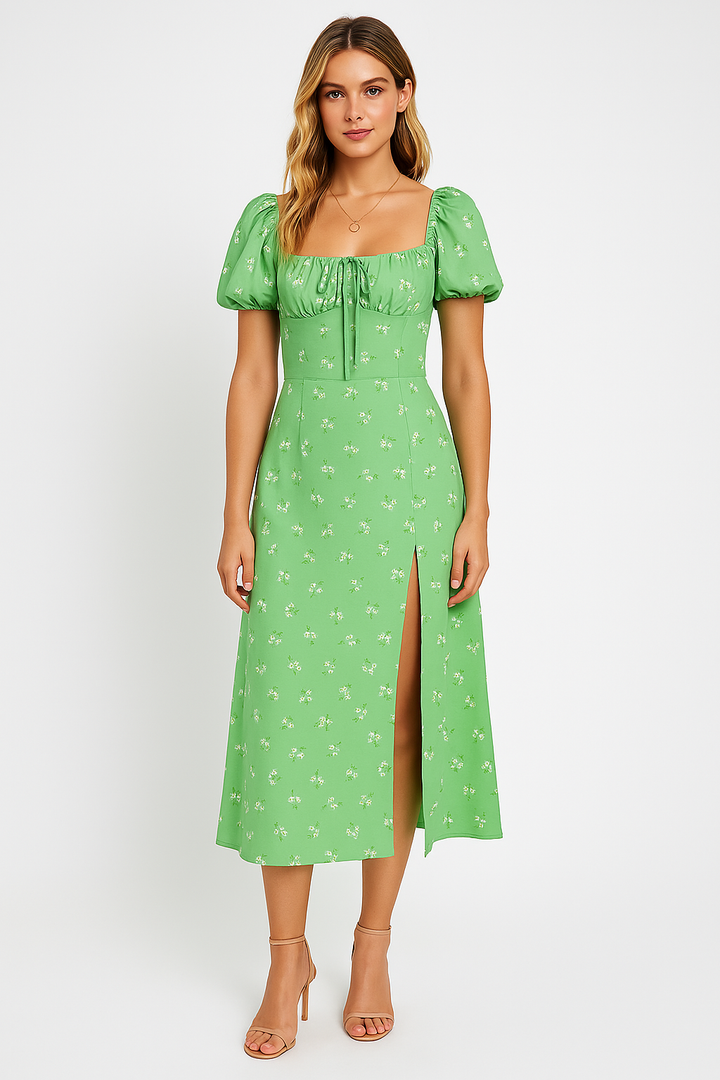 Women’s Midi Dress – Square Neckline – Puff Sleeve – A-Line Fit – Front Slit
