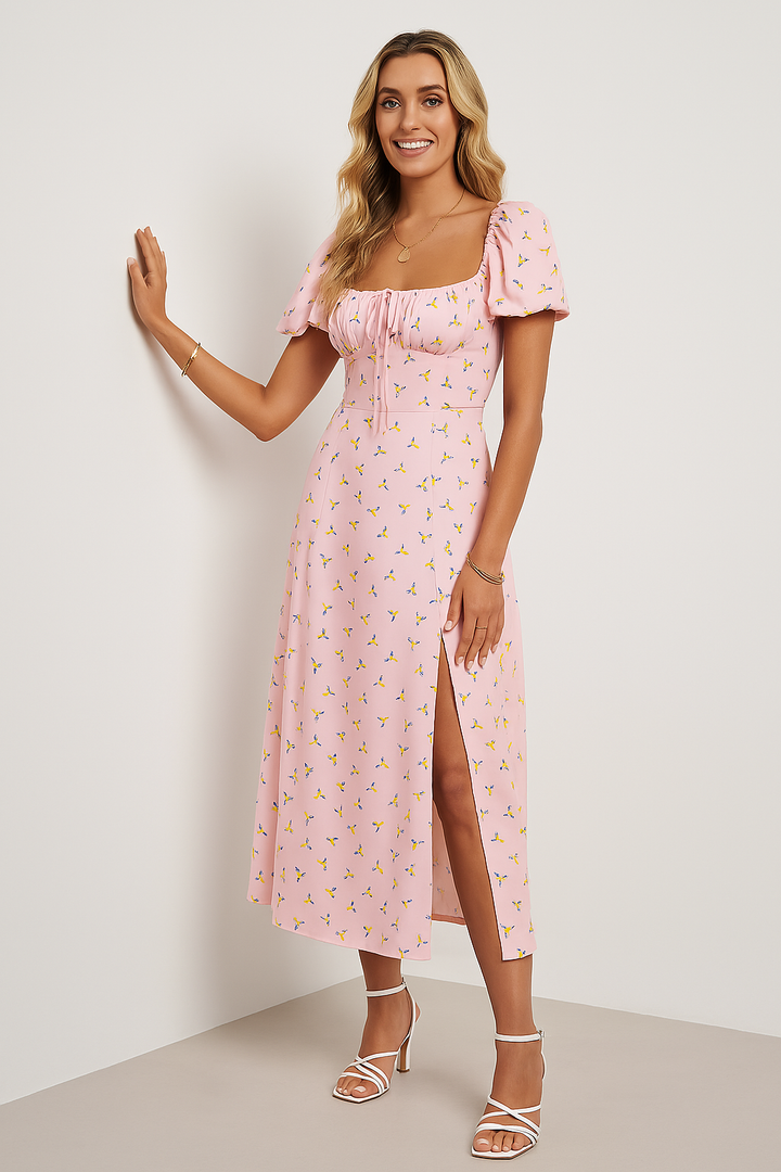 Women’s Midi Dress – Square Neckline – Puff Sleeve – A-Line Fit – Front Slit
