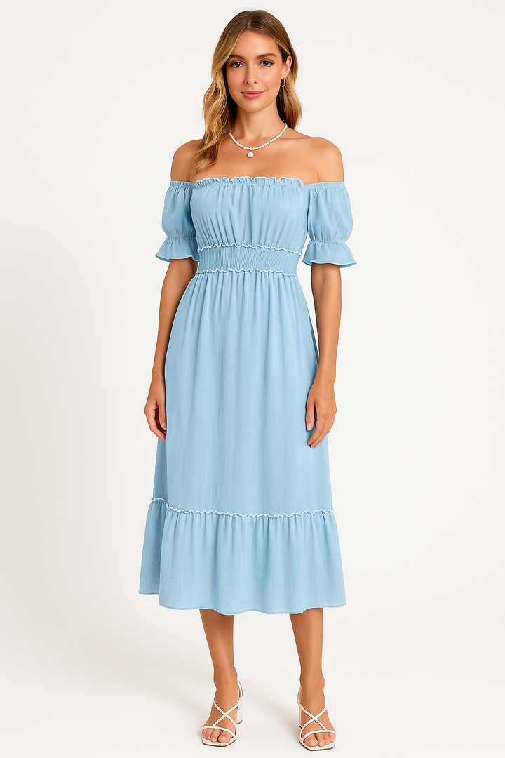Women's Midi Dress – Off-Shoulder – Puff Sleeve – Elastic Waist – A-Line Lightweight Fit