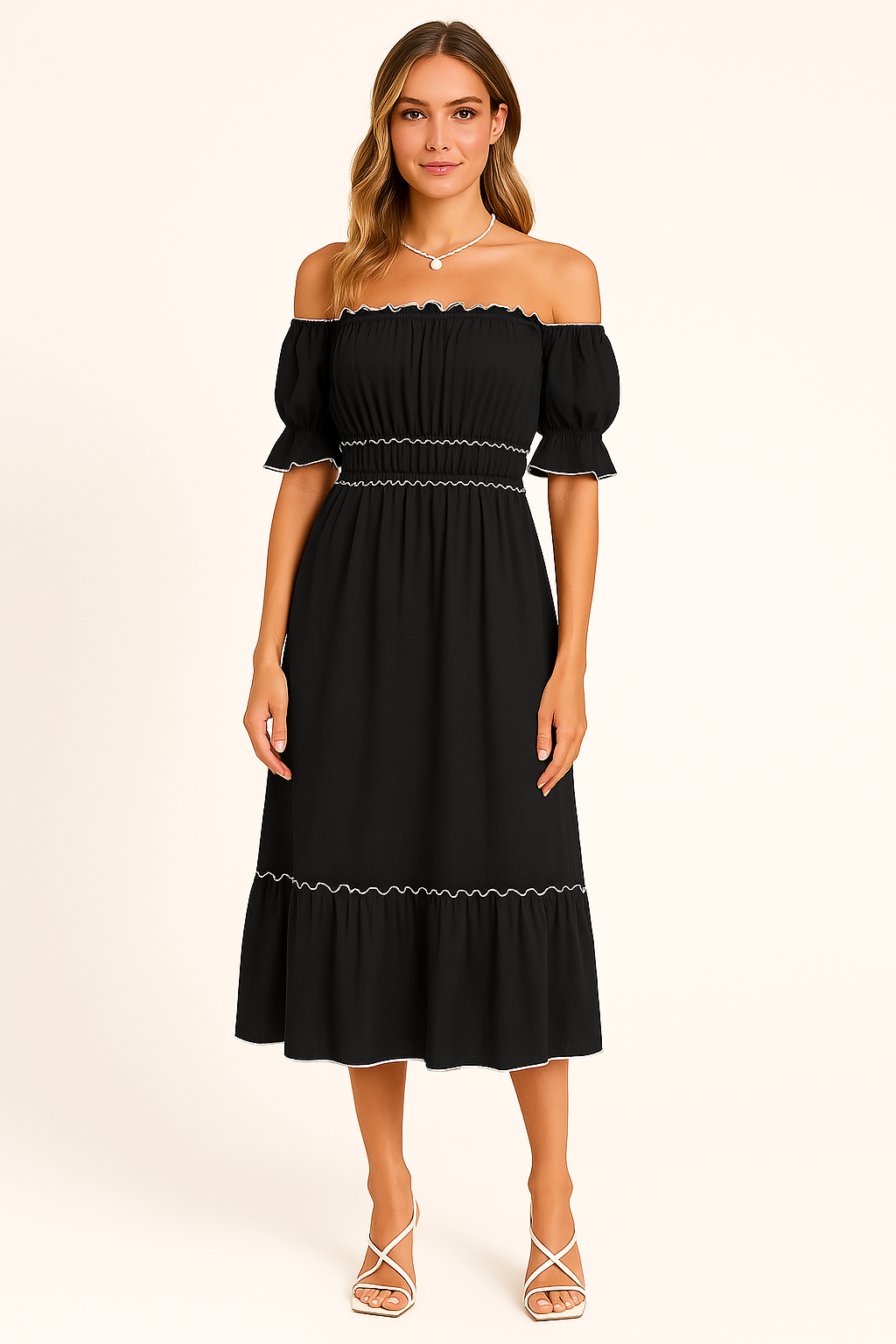 Women's Midi Dress – Off-Shoulder – Puff Sleeve – Elastic Waist – A-Line Lightweight Fit